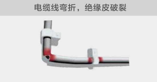 在安裝過程中,由于電線的彎曲半徑過小,或是線夾過緊,導致線纜絕緣皮破裂,產(chǎn)生電弧隱患